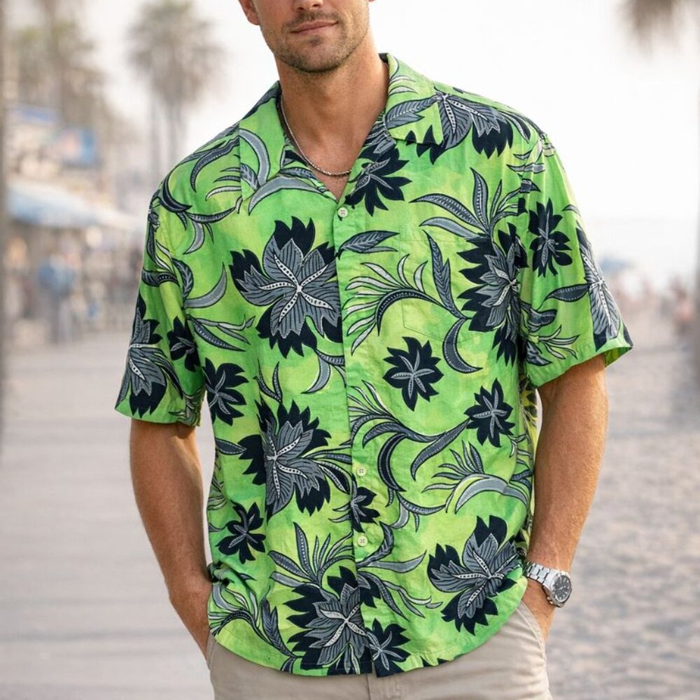 Vintage‎ 90s 00s Y2K Utility Men's M Green Hawaiian Silky Button Down Camp Shirt